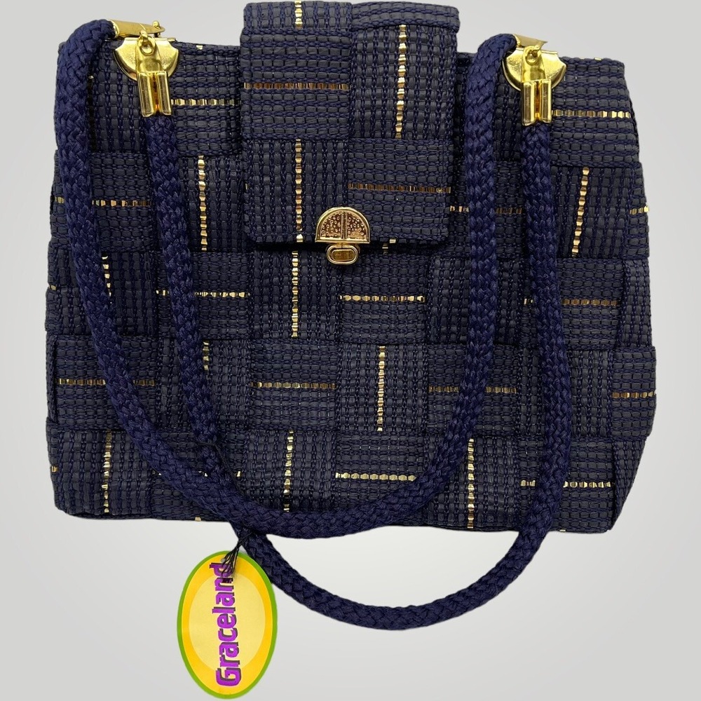 DEICHMANN Graceland Metalic Gold Navy Blue Shoulder Bag Purse Woven‎ Gift